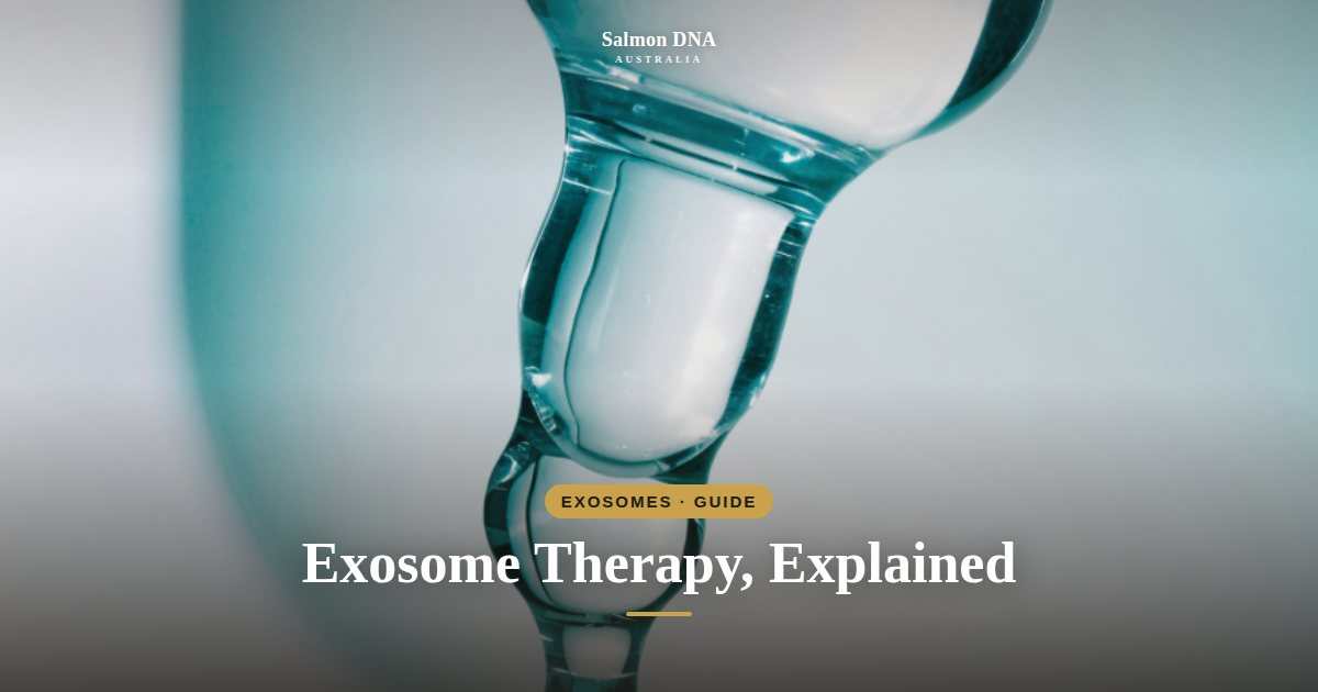 Exosome Treatment & Exosome Therapy guide graphic with a teal glass serum dropper and white title lettering