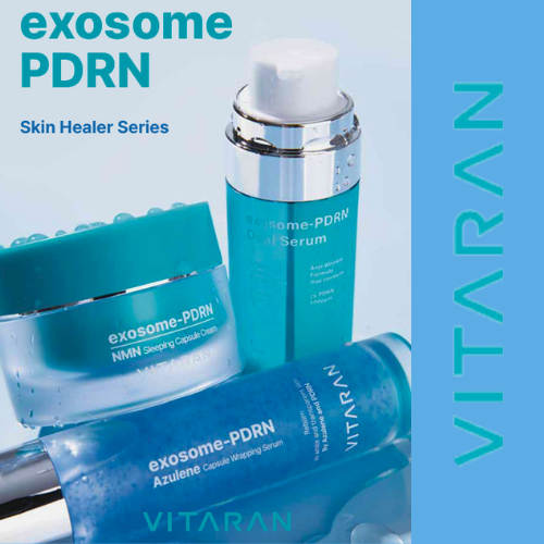 Three Step Daily Salmon DNA Skin Healing Bundle products displayed, featuring VITARAN Exosome PDRN Dual Serum, Azulene Serum, and Capsule Cream in blue packaging.