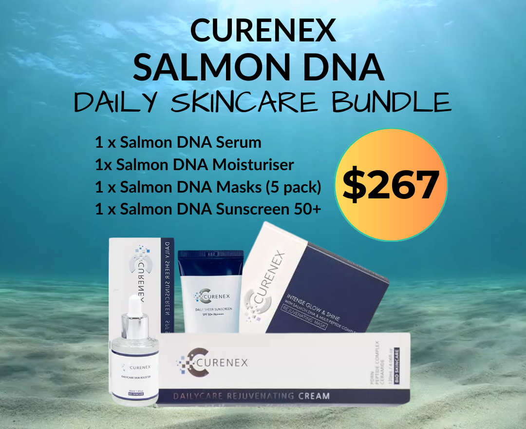 Curenex Salmon DNA Daily Skincare Bundle with serum, moisturizer, masks, and sunscreen.