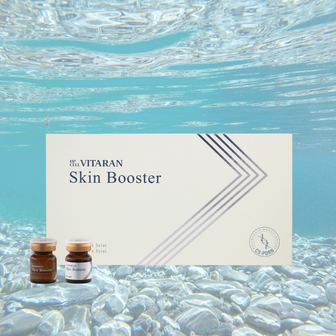 HP Cell VITARAN Salmon DNA Skinbooster packaging with vials against a serene underwater backdrop.
