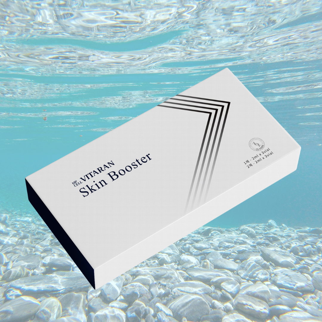 HP Cell VITARAN Salmon DNA Skinbooster packaging floating in water, showcasing skincare innovation.
