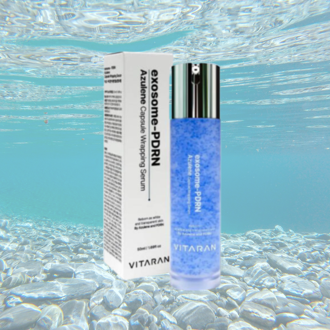 HP Cell VITARAN Salmon DNA Skinbooster with exosome and PDRN serum packaging on aquatic background.