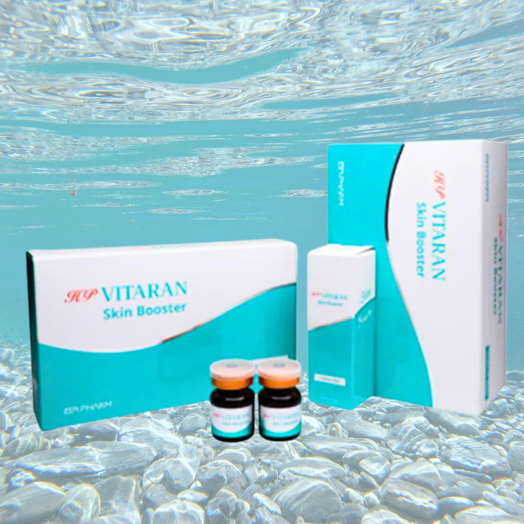 HP VITARAN Salmon DNA Skin Booster with HA packaging and vials on underwater background.