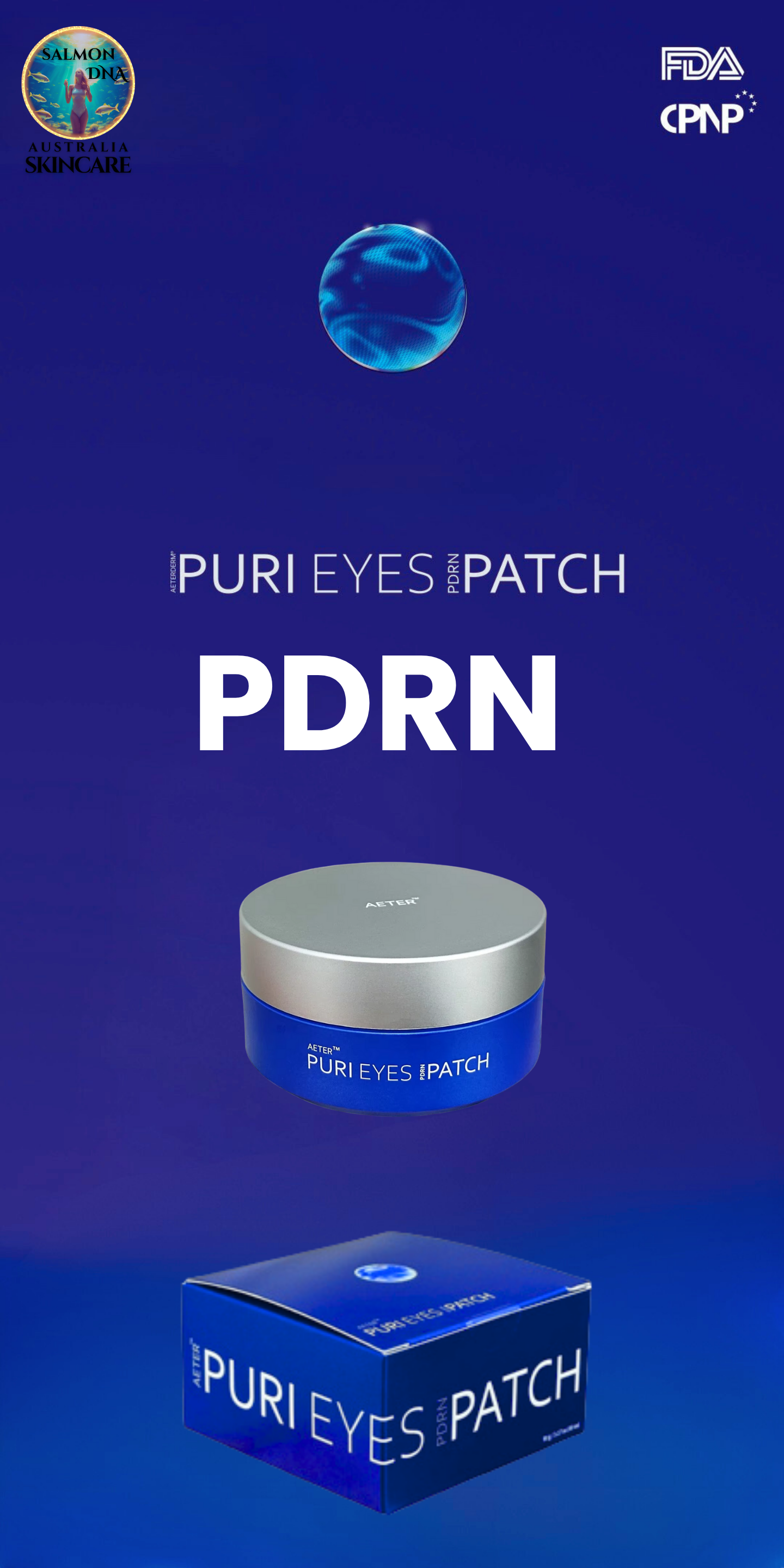 Puri Eyes PDRN Patches packaging and branding, featuring a sleek, modern design highlighting under-eye skincare benefits.