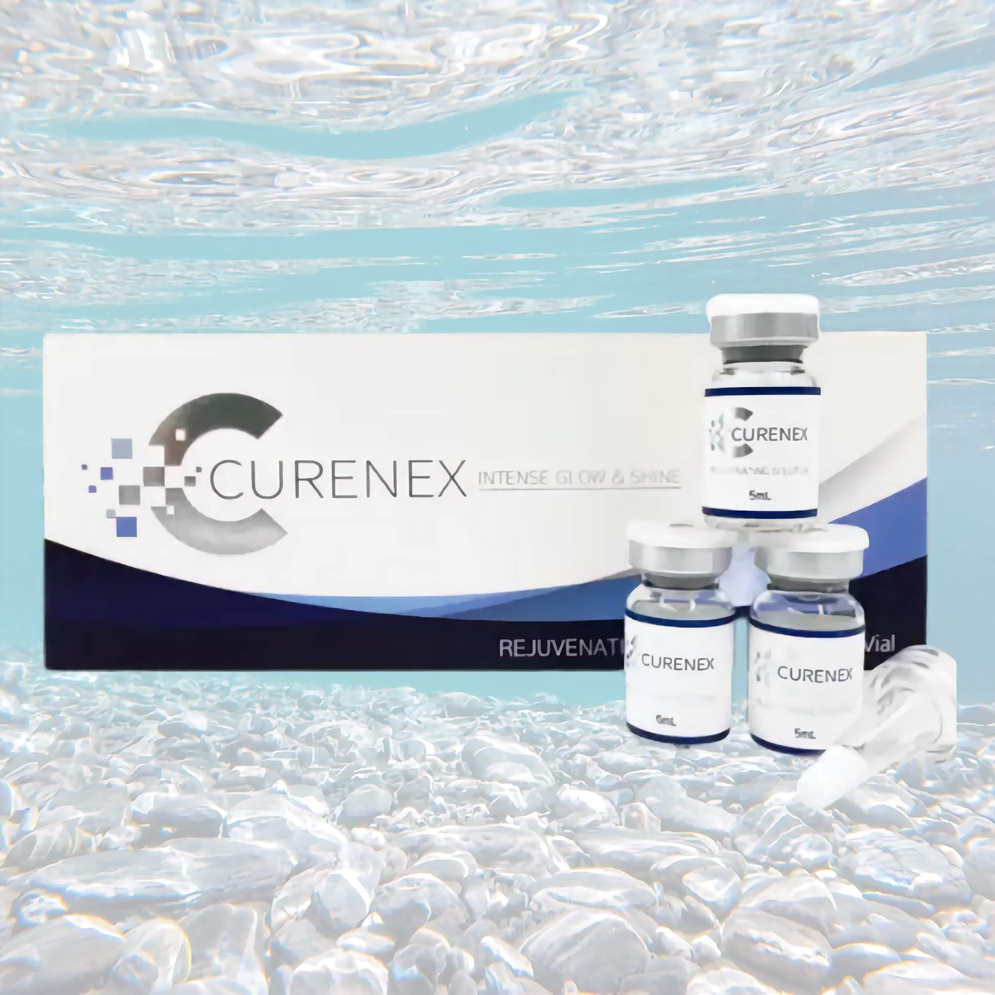 Salmon DNA Microneedle Bundle with vials and packaging in water background.