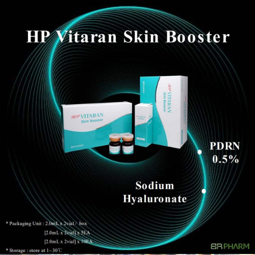 HP VITARAN Salmon DNA Skin Booster with HA packaging featuring vials with PDRN and Sodium Hyaluronate.