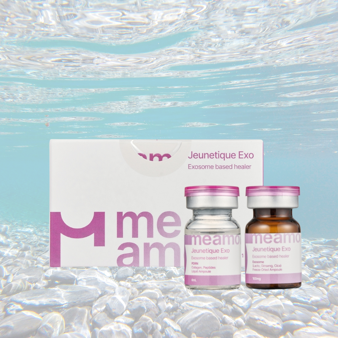 Jeunetique EXOsomes PDRN 3% serum for microneedling and mesotherapy, showcasing two product vials against a clear, watery background.