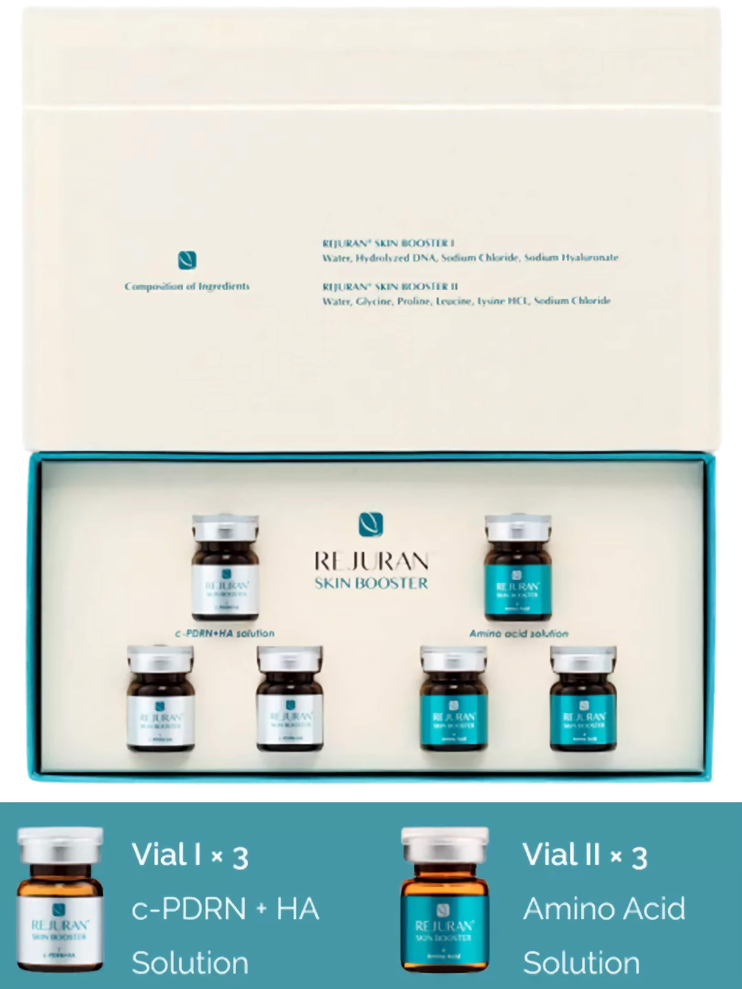Rejuran Salmon DNA Skin Booster set with vials of c-PDRN + HA and Amino Acid Solution.