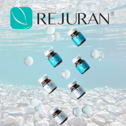 Rejuran Salmon DNA Skin Booster vials for microneedling against aquatic background.