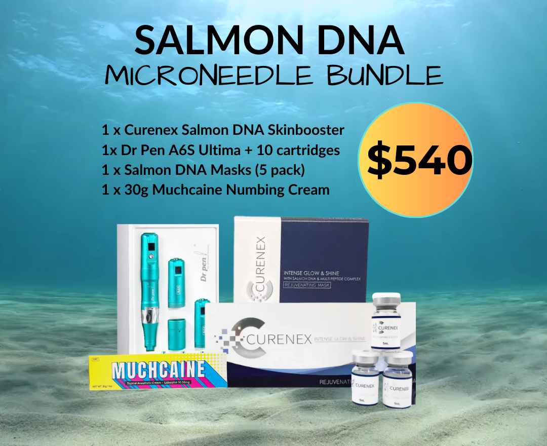 Salmon DNA Microneedle Bundle with Dr Pen A6S Ultima, Salmon DNA skin booster, masks, and numbing cream.