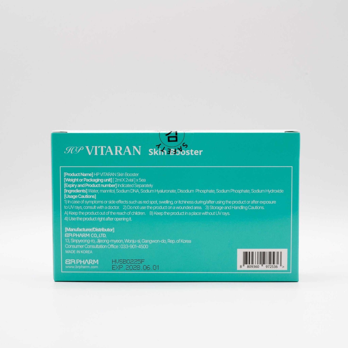 HP VITARAN Salmon DNA Skin Booster with HA packaging box showing product details and usage instructions