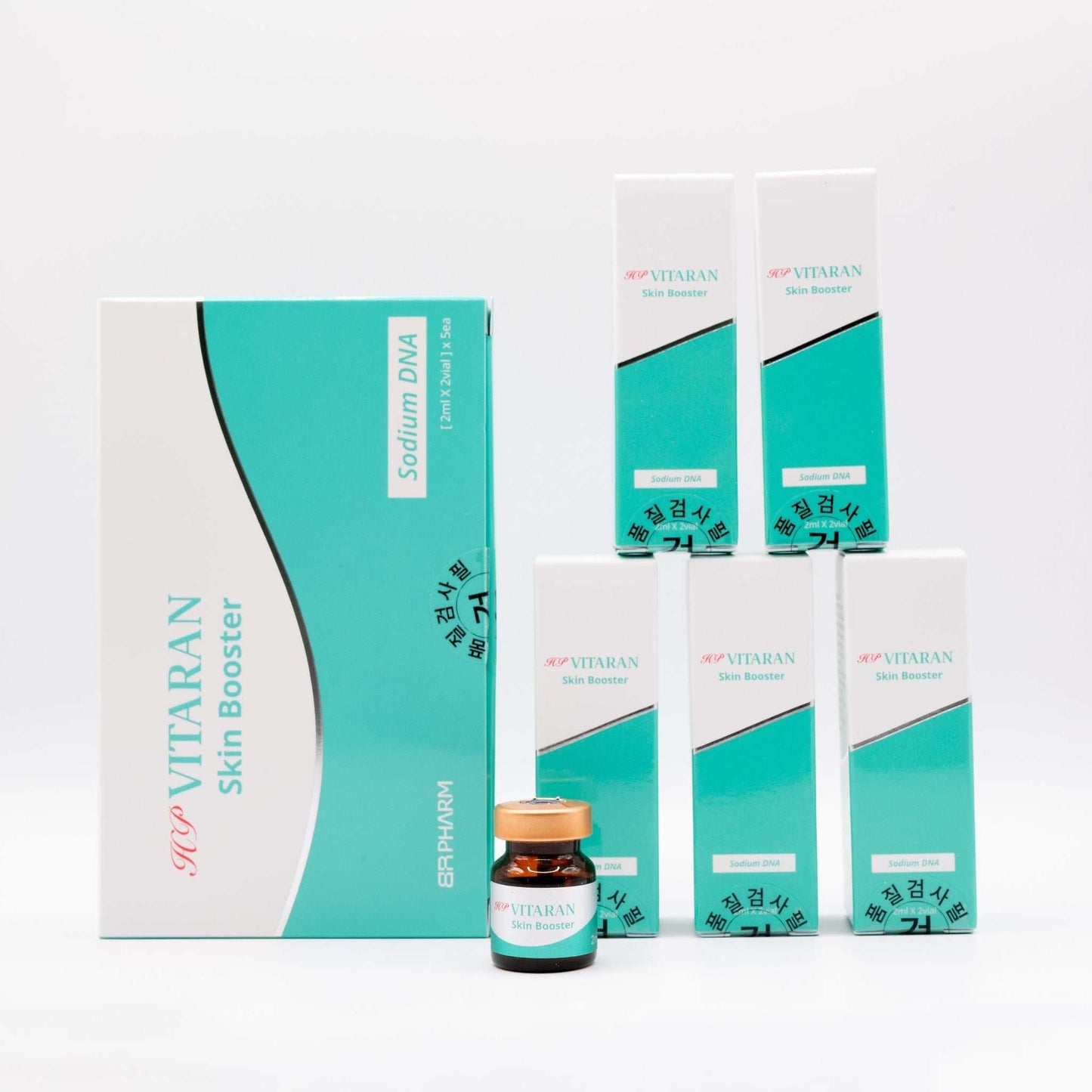 HP VITARAN Salmon DNA Skin Booster with HA skincare product packaging and vial for skin rejuvenation and anti-aging treatments.