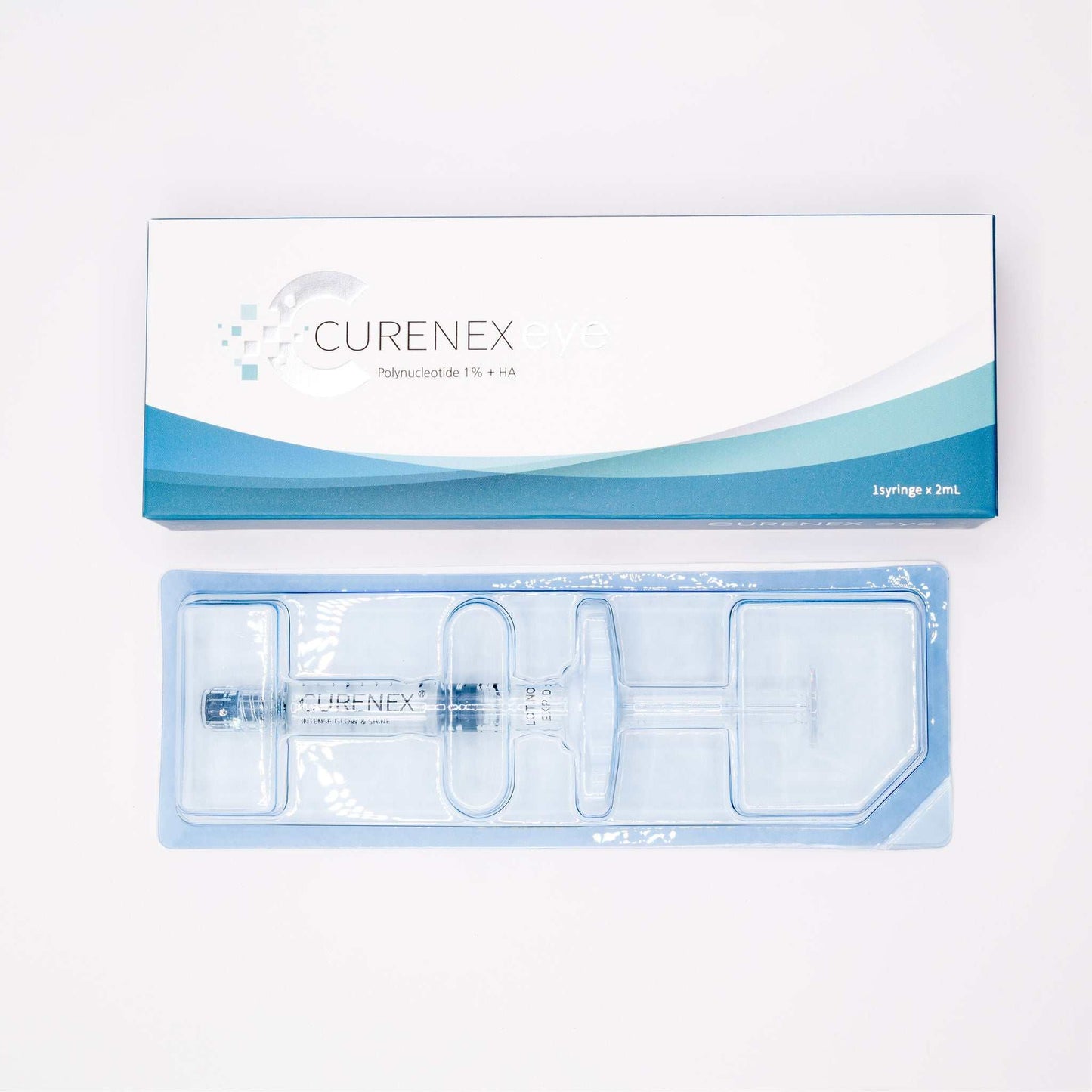 Curenex Eye PN syringe with salmon DNA and hyaluronic acid for eye skin rejuvenation in white and blue packaging