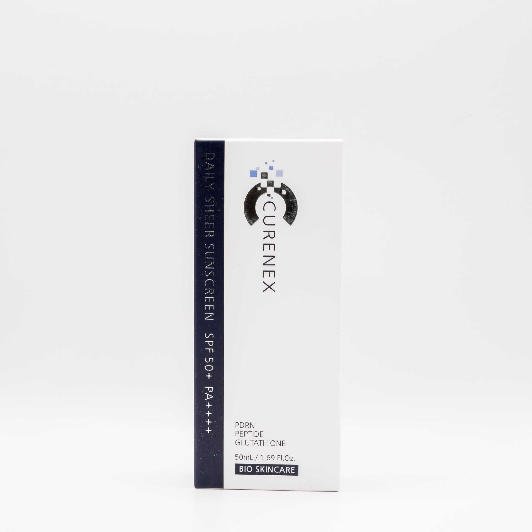 Curenex Salmon DNA Sheer Sunscreen SPF50+ in white packaging for lightweight daily UV protection and skin hydration