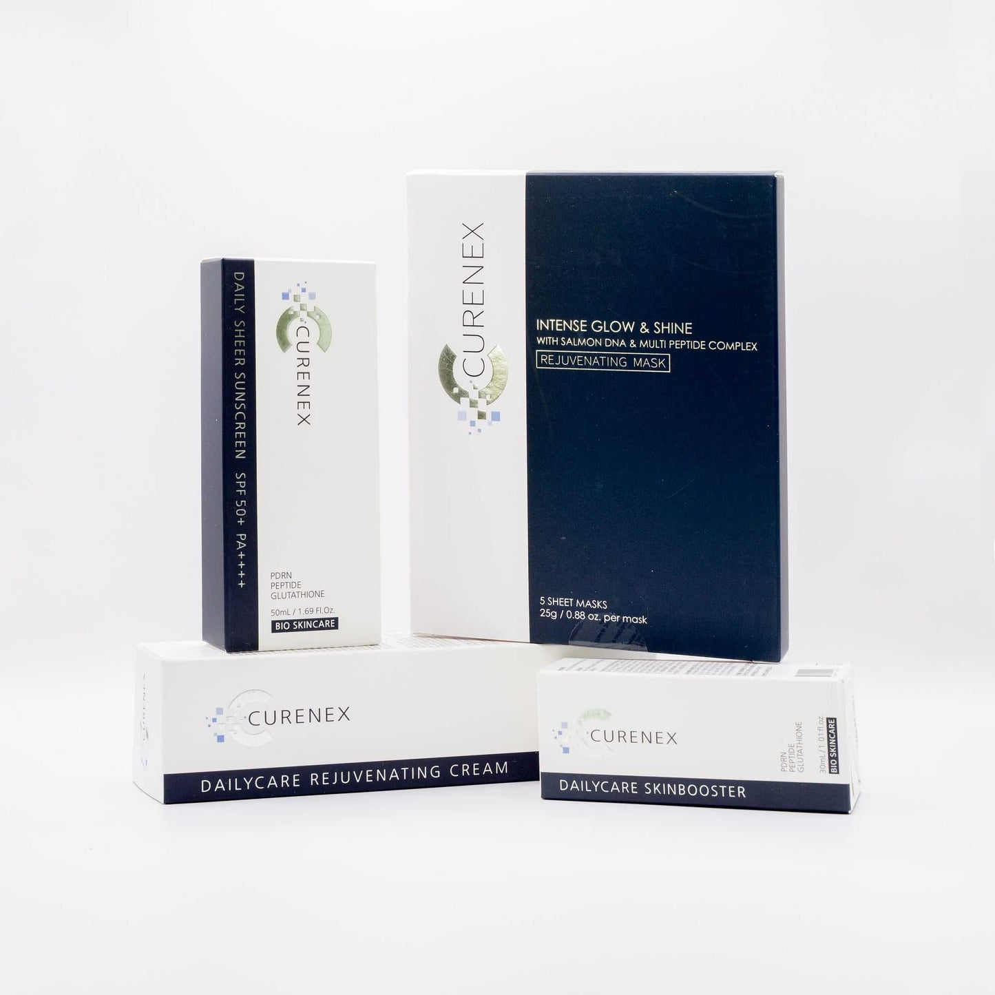 Curenex Salmon DNA Masks box with additional Curenex skincare products on white background