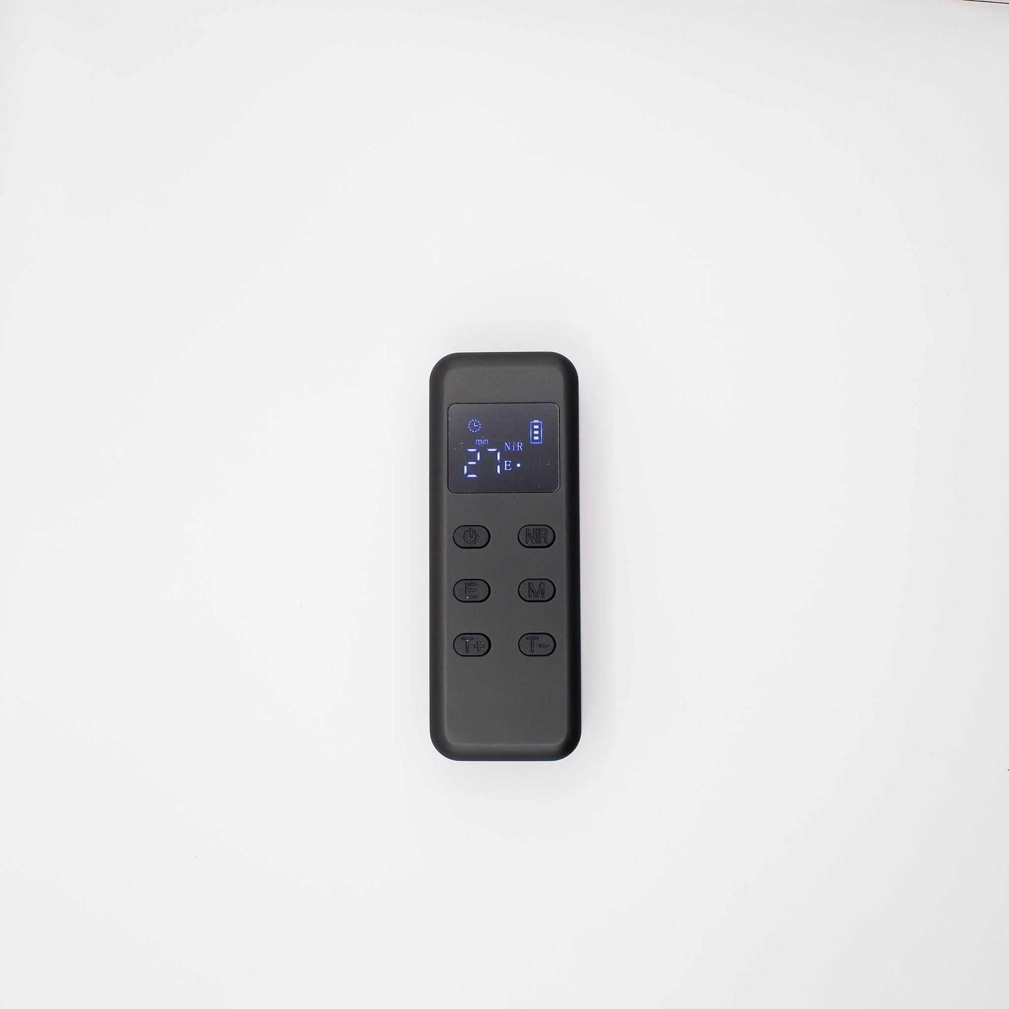 Black remote control for Dual Near Infrared Red Light Mask with digital display and multiple buttons on white background