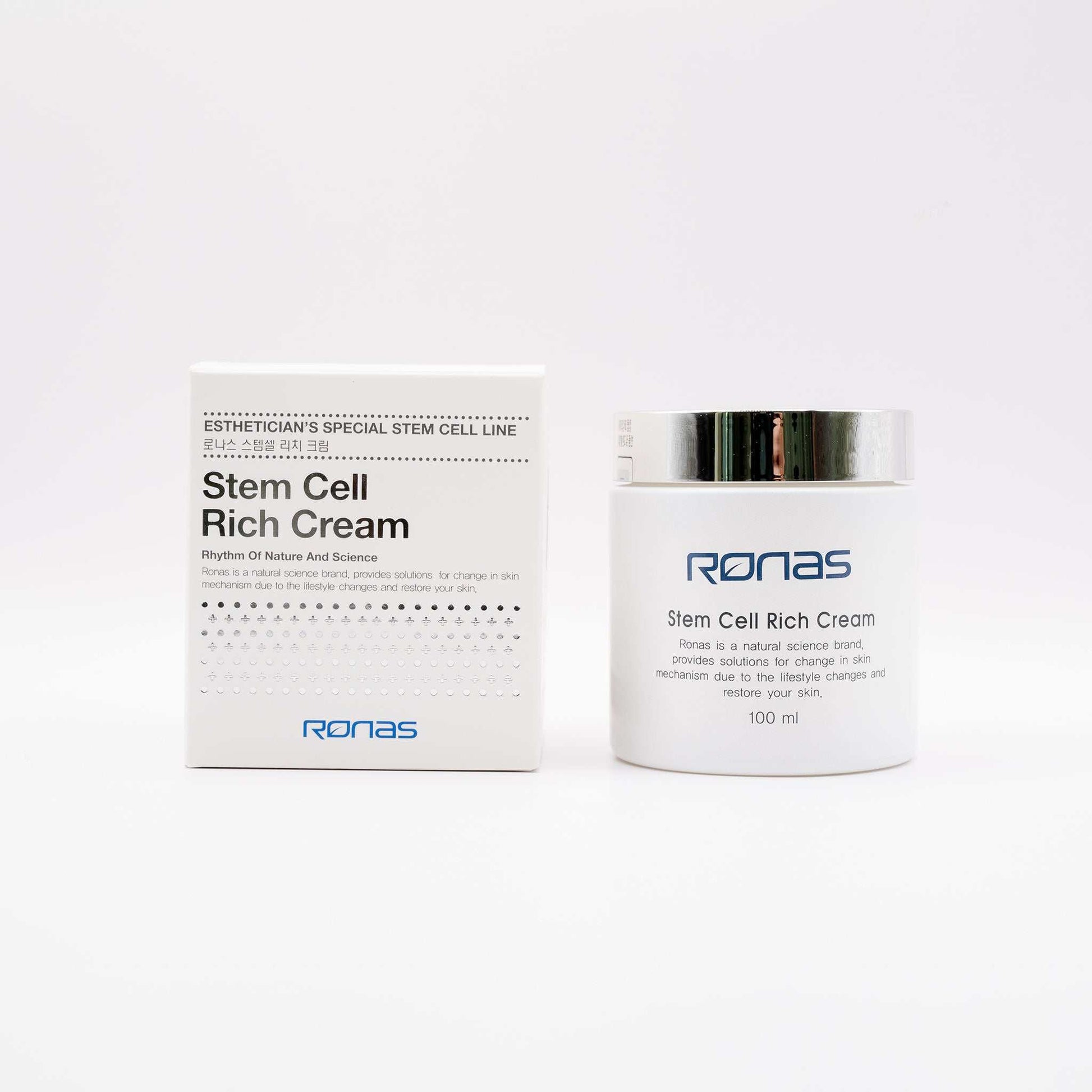 Ronas Stem Cell Rich Cream in white jar with silver lid next to matching white box, professional Korean anti-aging skincare product