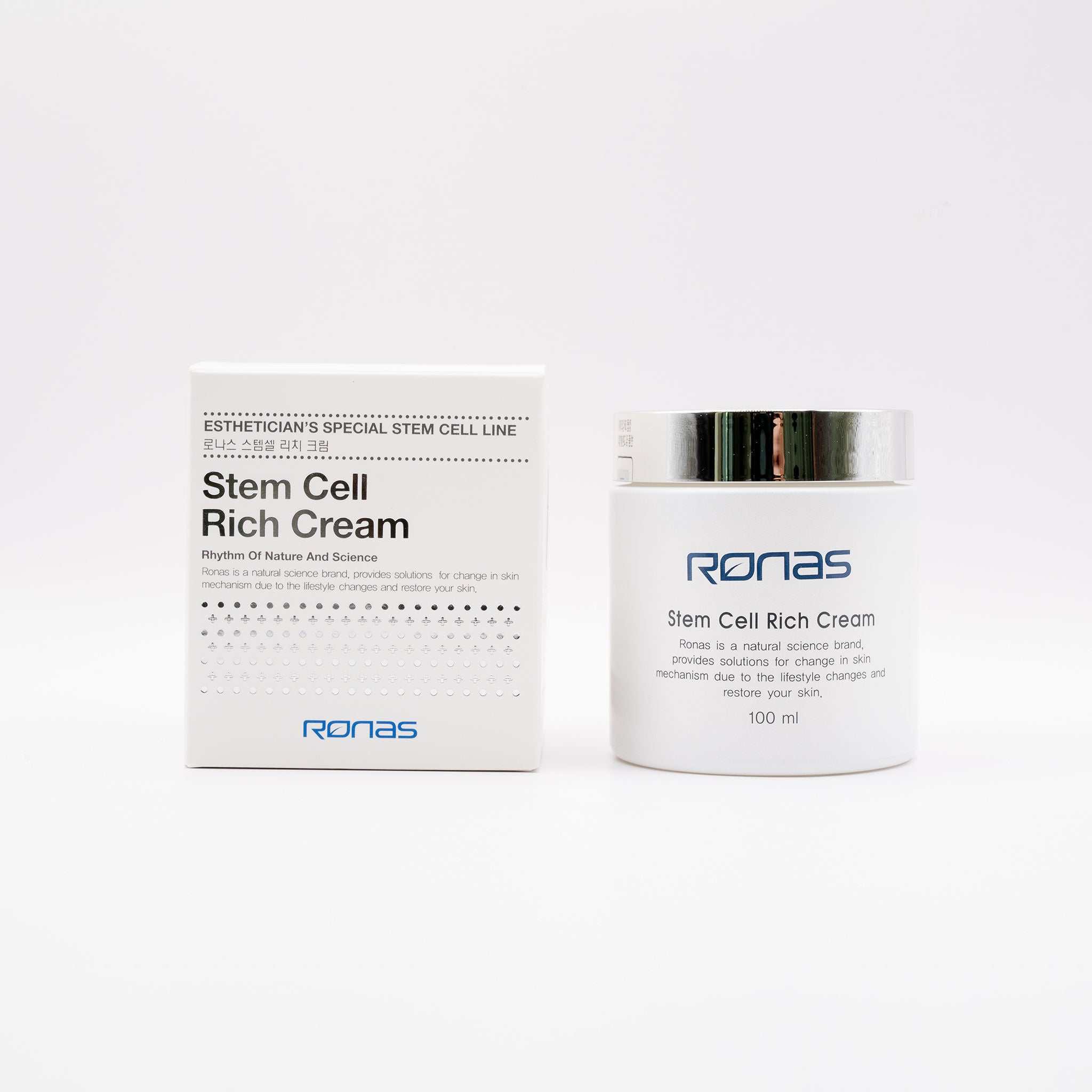 Ronas Stem Cell Rich Cream in white jar with silver lid next to matching white box, professional Korean anti-aging skincare product