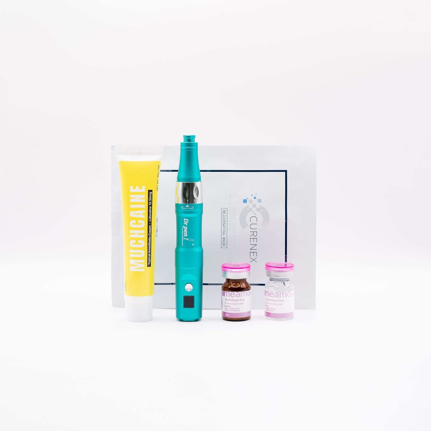 Salmon DNA microneedle skincare bundle with Dr Pen device, numbing cream, skin booster vials, and masks