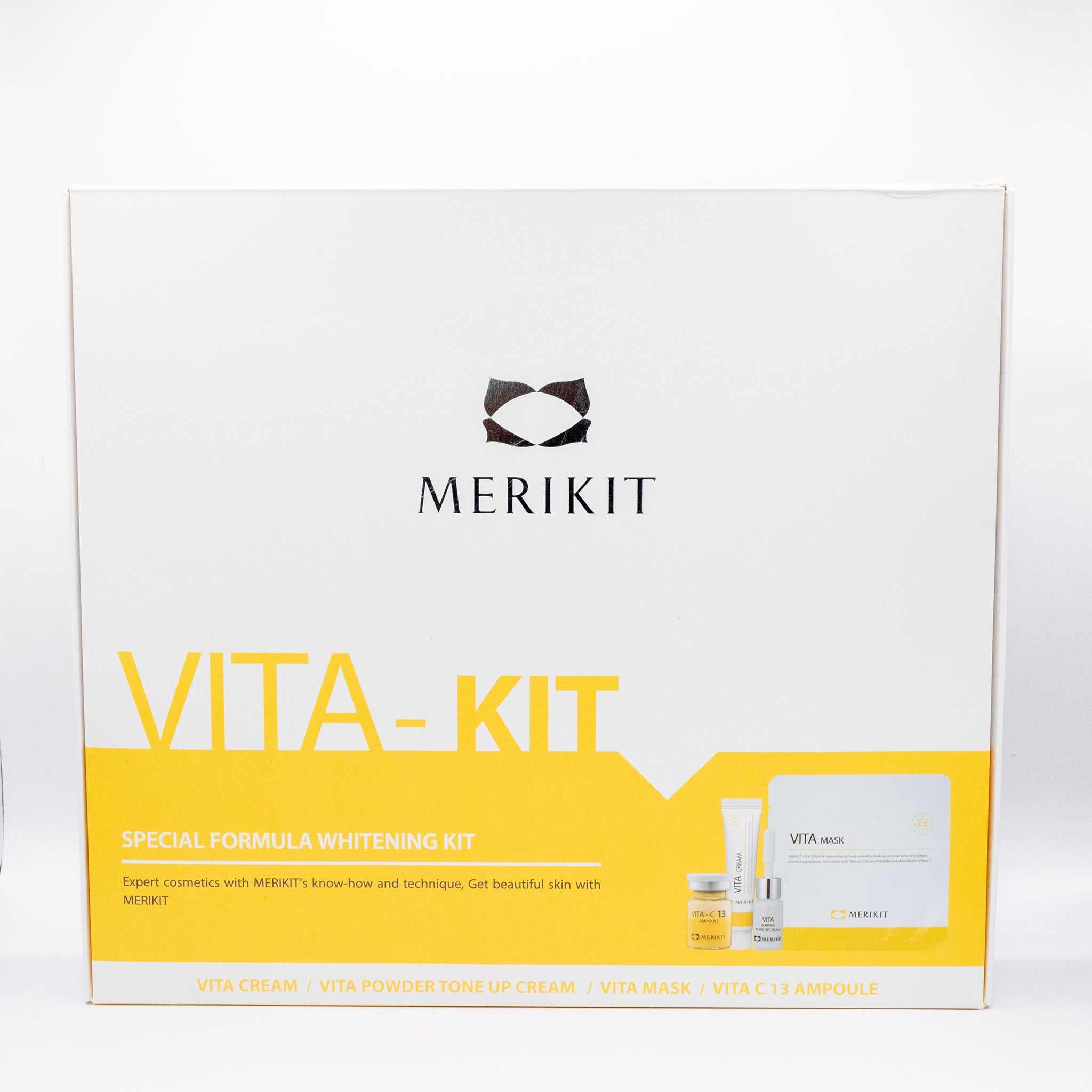 Vitamin C mask kit box with whitening formula and skincare products for brightening and hydration by Merikit