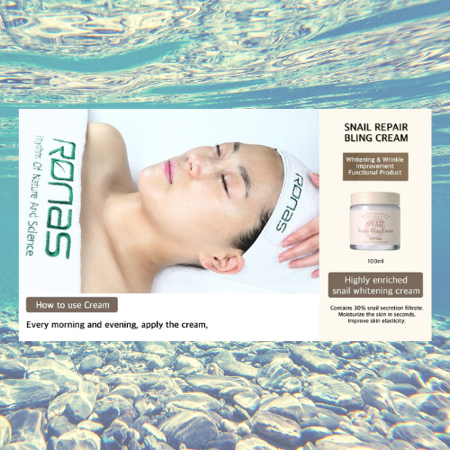 Rona’s Snail Repair Bling Cream jar with skincare model and hydration water background