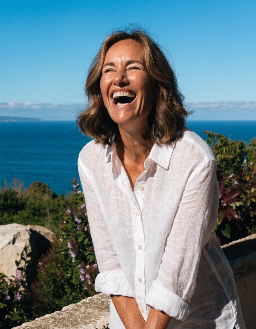 A woman laughing with fresh, luminous skin