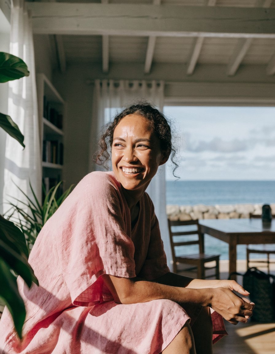 A woman relaxing with soft, dewy skin