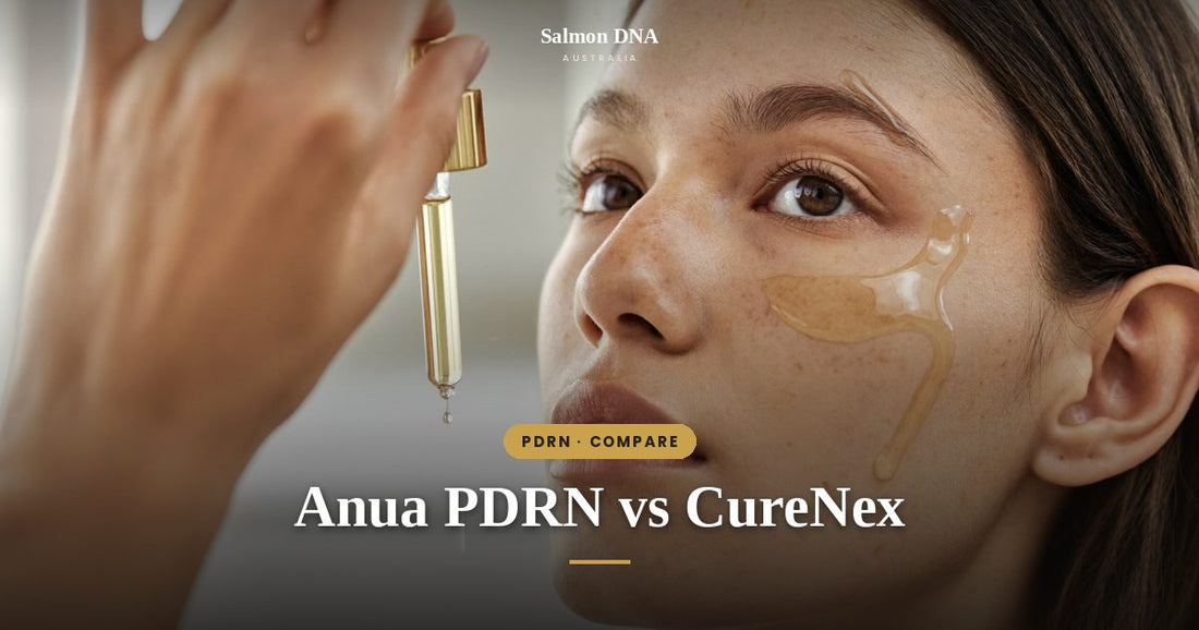 Woman applying PDRN serum, Anua PDRN vs CureNex comparison for Australia