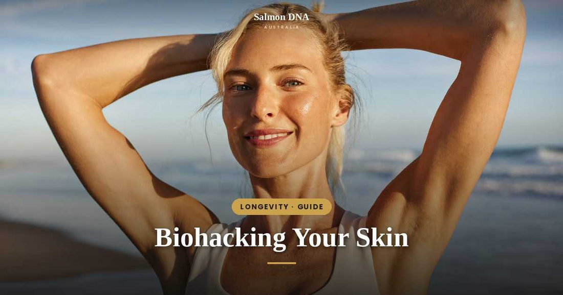 Skincare article banner titled Biohacking Your Skin, with a smiling woman in a white top and gold text overlay
