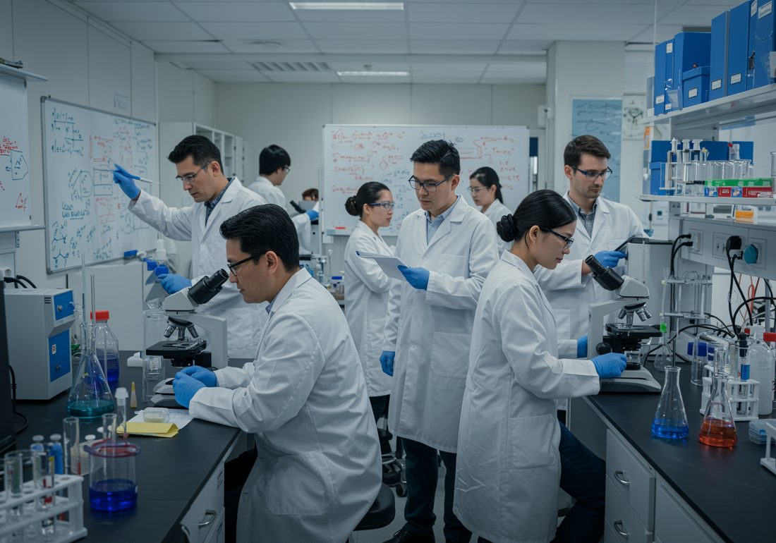 Scientists in lab coats conducting research and testing in a modern laboratory for KBeauty Australia skincare products.