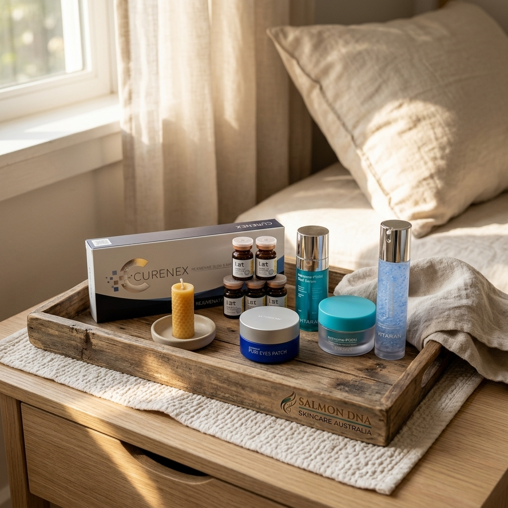 Flat lay of essential daily skincare products and peels from professional KBeauty brands featuring Salmon DNA Australia.