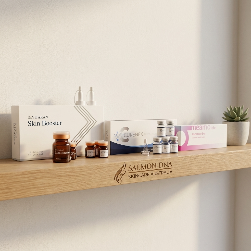 Comparison chart of microneedling skin boosters with key benefits and active ingredients