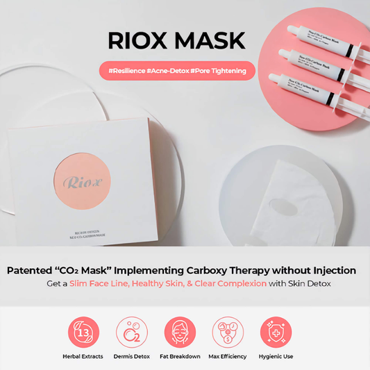 Riox carboxy therapy facial masks for skin detox, acne detox, pore tightening, and anti-aging with herbal extracts and CO2 treatment.