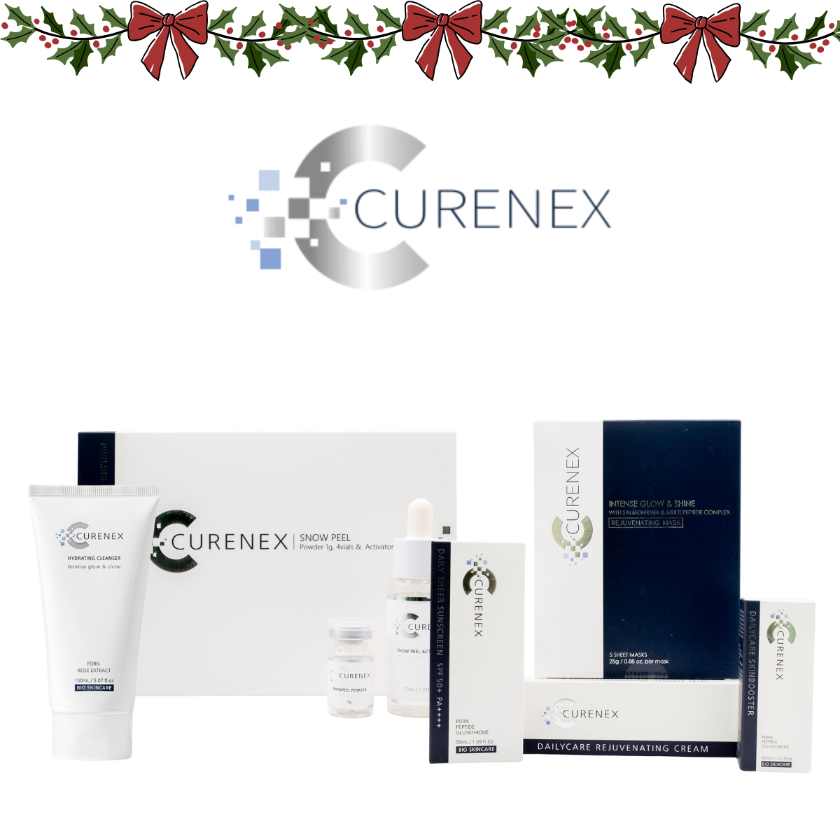Christmas Glow Salmon DNA Radiance Set luxury Korean skincare gift set with cleanser, peel, masks, moisturizer, booster, and sunscreen by Curenex