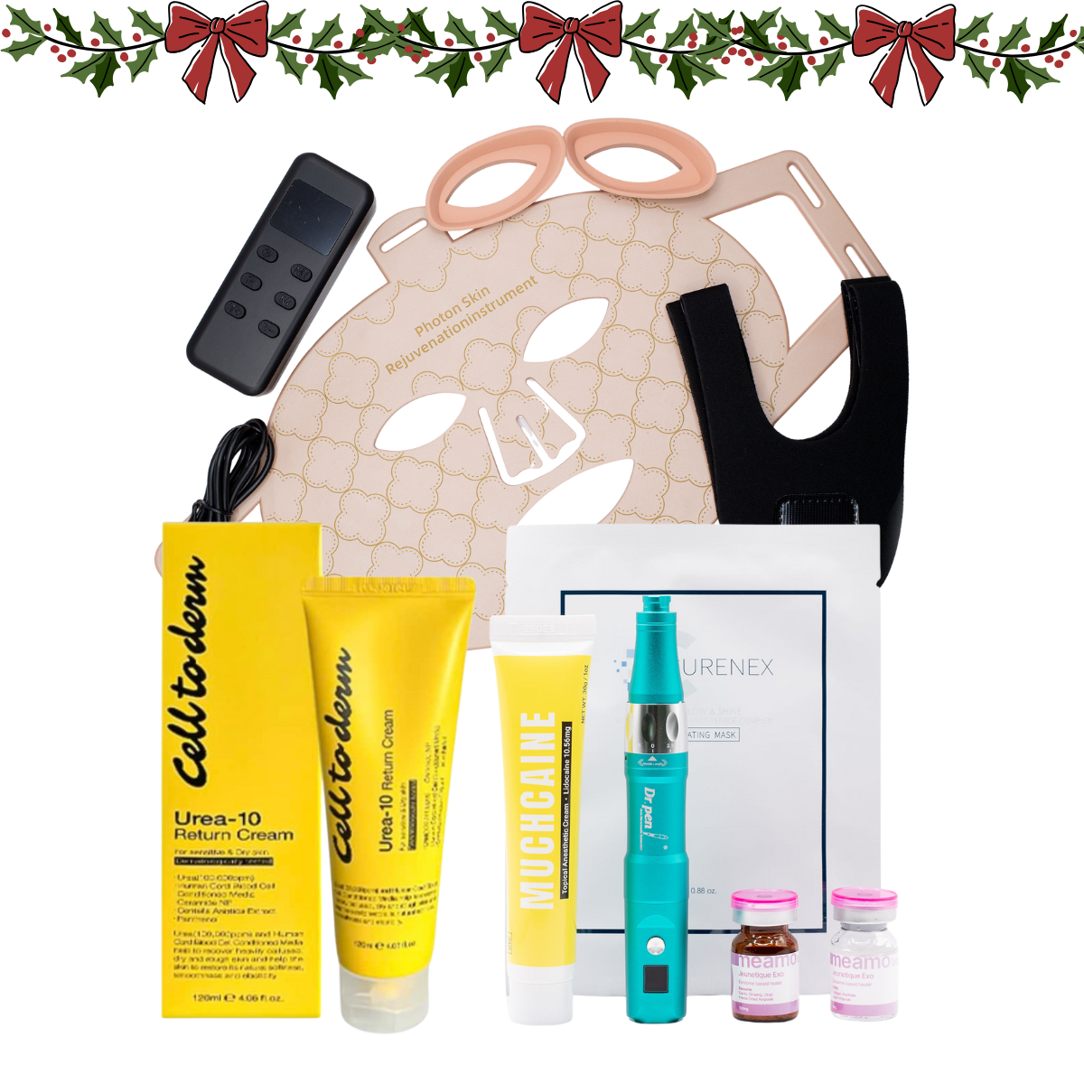 Holiday Microneedling & Skin Booster Ritual Set with microneedling pen, skin booster, LED mask, numbing cream, urea cream, and Salmon DNA masks for skin rejuvenation.