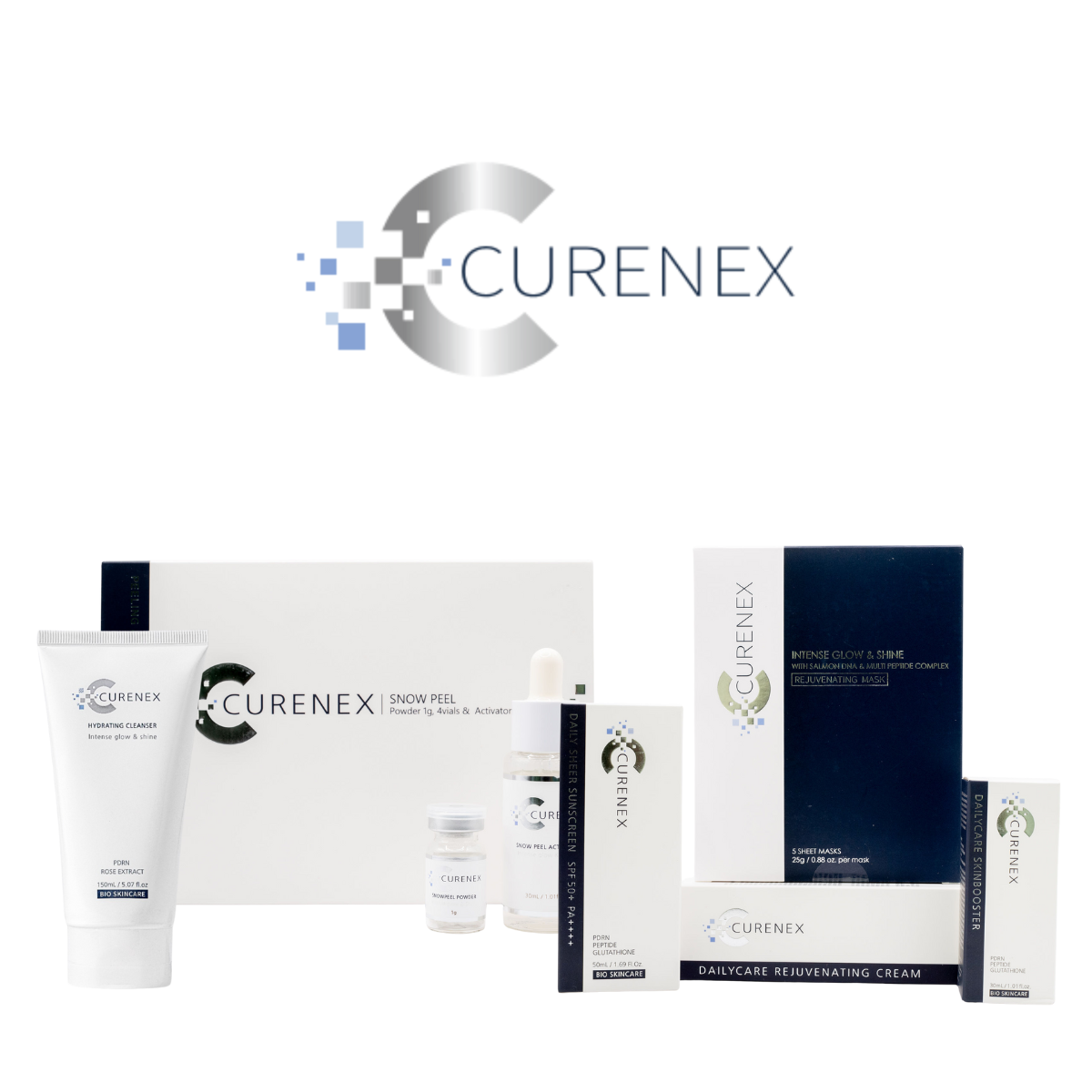 Curenex Glow Salmon DNA Set with Korean anti-aging skincare products including cleanser, peel, masks, booster, cream, and SPF30 sunscreen for glowing, hydrated skin.