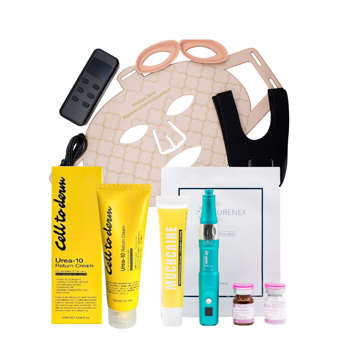 Microneedling & Skin Booster Set with professional Dr Pen, Salmon DNA boosters, LED mask, numbing cream, and moisturizing urea cream for at-home skin rejuvenation