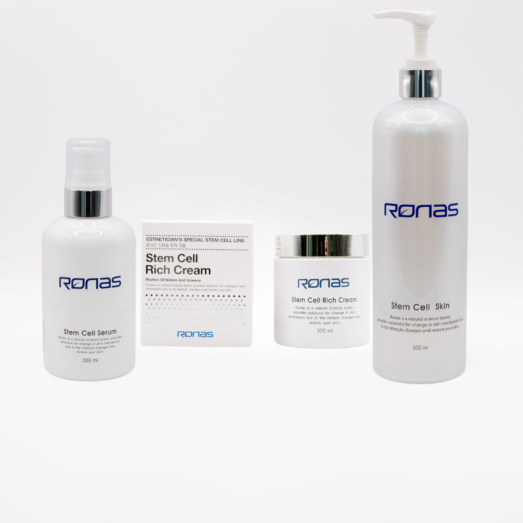 Ronas Stem Cell Skincare set with serum, rich cream, and skin toner for anti-aging and skin rejuvenation