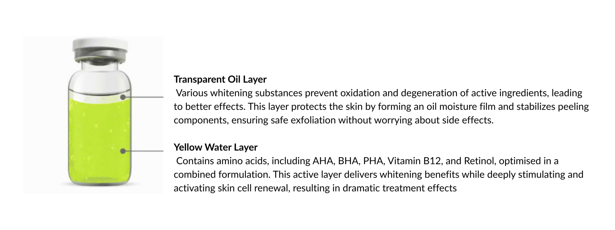 Vial of Soonsu Shining Peel showing transparent oil layer for stability and a yellow water layer with active ingredients for skin renewal and brightening.