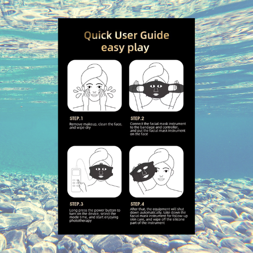 Dual Red Light Mask Quick User Guide infographic with step-by-step instructions for easy phototherapy application.