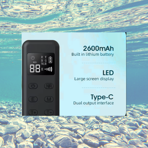 Dual Red Light Mask remote showing 2600mAh battery, LED display, and Type-C interface.