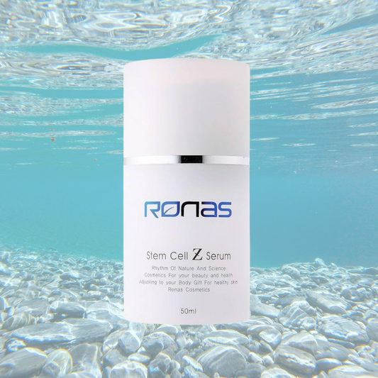 Ronas Stem Cell Z Serum bottle submerged in water, 50 ml, skin protectant against environmental radicals.