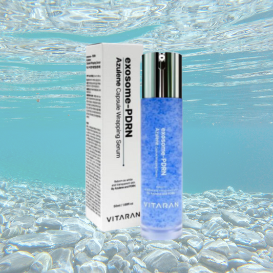 HP Cell VITARAN Salmon DNA Skinbooster with exosome and PDRN serum packaging on aquatic background.
