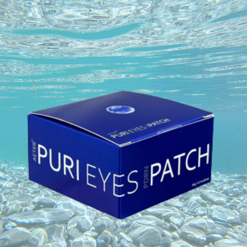 Puri Eyes PDRN Patches box in aquatic themed setting.