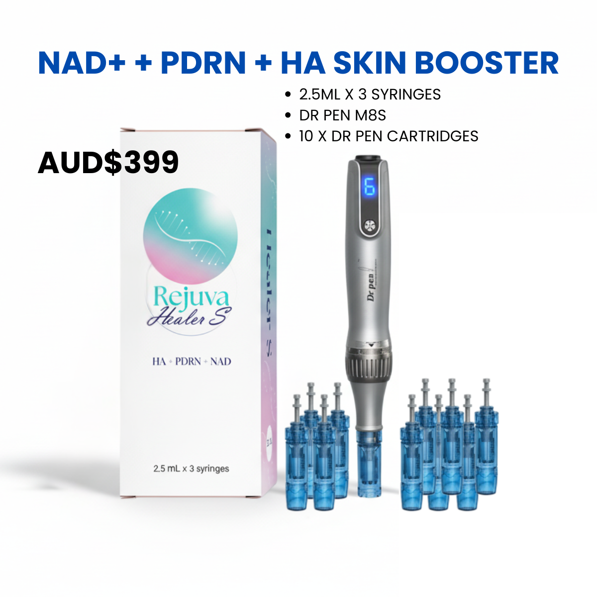 Biotech Skin Regeneration bundle with NAD+ booster and Dr. Pen M8S microneedling device with cartridges