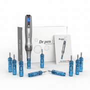 Dr. Pen M8S professional microneedling pen with 10 blue needle cartridges, user manual, and packaging box for advanced at-home skin treatment