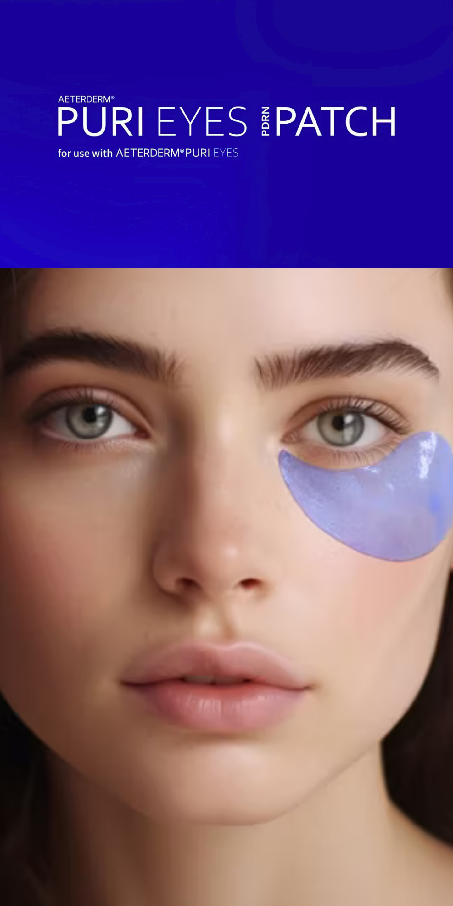 Puri Eyes PDRN Patch on model's under-eye area for revitalizing and hydrating.