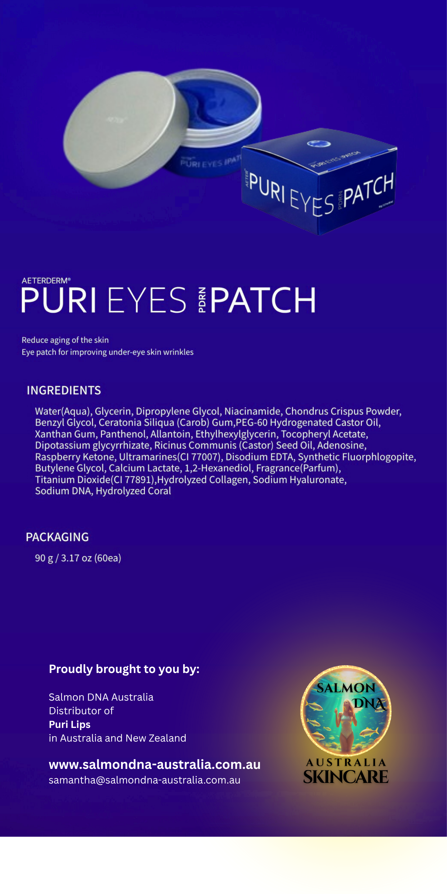 Puri Eyes PDRN Patches packaging with product jar and ingredients list.