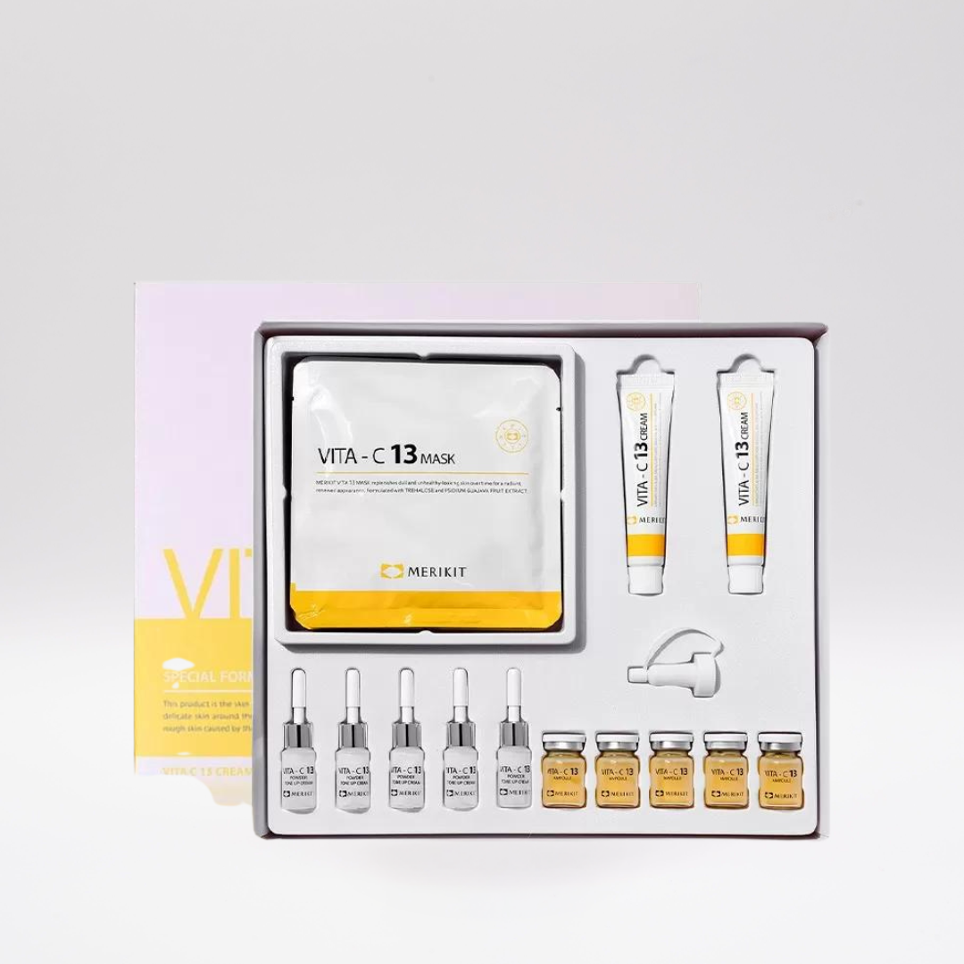 Vitamin C mask kit with 5 masks, ampoules, tone-up cream, and moisturizing cream for brightening and revitalizing skin.