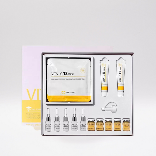 Vitamin C mask kit with 5 masks, ampoules, tone-up cream, and moisturizing cream for brightening and revitalizing skin.